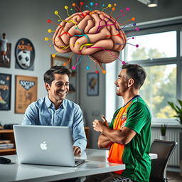 A dynamic scene depicting a young psychologist engaged in a positive interaction with a soccer player