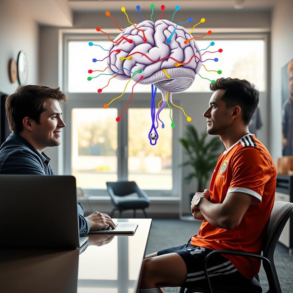 A dynamic scene depicting a young psychologist engaged in a positive interaction with a soccer player