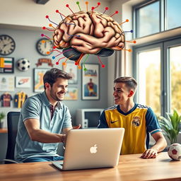 A dynamic scene depicting a young psychologist engaged in a positive interaction with a soccer player