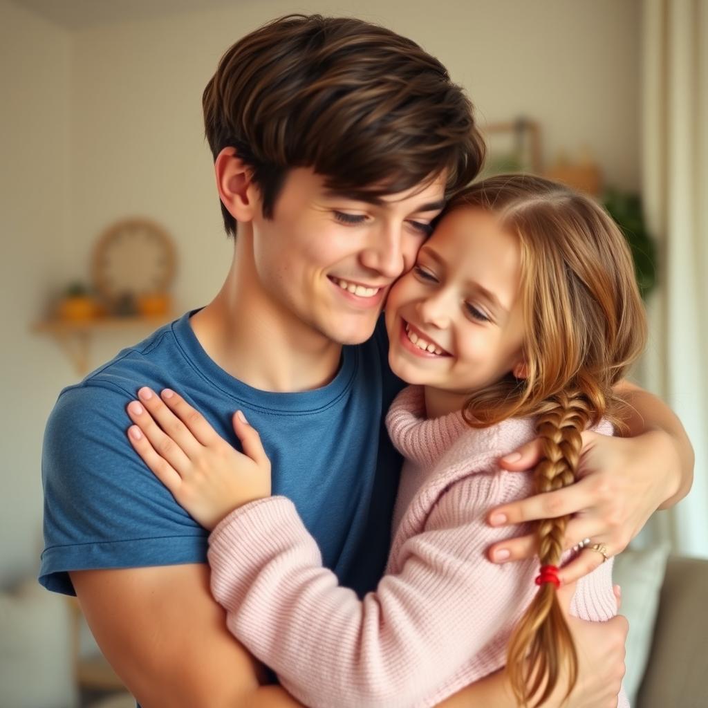 A heartwarming scene of a brother and sister embracing in a warm, affectionate hug