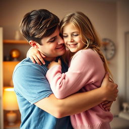 A heartwarming scene of a brother and sister embracing in a warm, affectionate hug