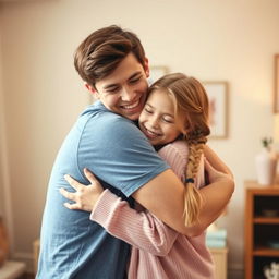 A heartwarming scene of a brother and sister embracing in a warm, affectionate hug