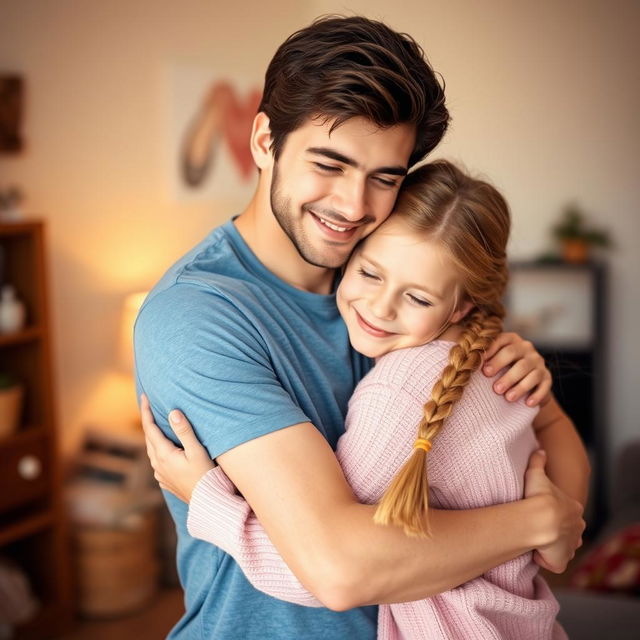 A heartwarming scene of a brother and sister embracing in a warm, affectionate hug