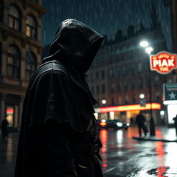 A dark assassin cloaked in shadow, standing under a dimly lit street lamp on a rainy night