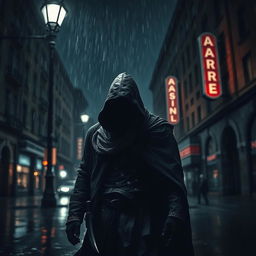 A dark assassin cloaked in shadow, standing under a dimly lit street lamp on a rainy night