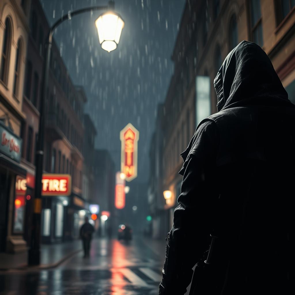 A dark assassin cloaked in shadow, standing under a dimly lit street lamp on a rainy night