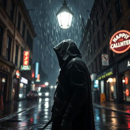 A dark assassin cloaked in shadow, standing under a dimly lit street lamp on a rainy night