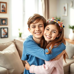A heartwarming scene depicting a 16-year-old boy affectionately hugging his 14-year-old sister in a cozy living room