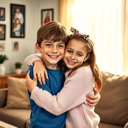 A heartwarming scene depicting a 16-year-old boy affectionately hugging his 14-year-old sister in a cozy living room