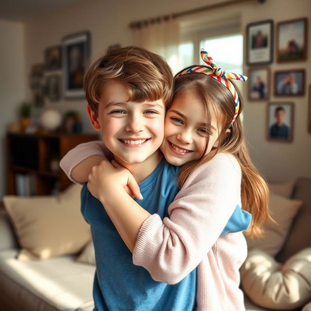 A heartwarming scene depicting a 16-year-old boy affectionately hugging his 14-year-old sister in a cozy living room