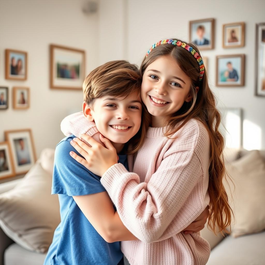 A heartwarming scene depicting a 16-year-old boy affectionately hugging his 14-year-old sister in a cozy living room