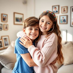 A heartwarming scene depicting a 16-year-old boy affectionately hugging his 14-year-old sister in a cozy living room