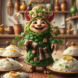 A whimsical creature that personifies the essence of Gormeh Sabzi, an Iranian herb stew