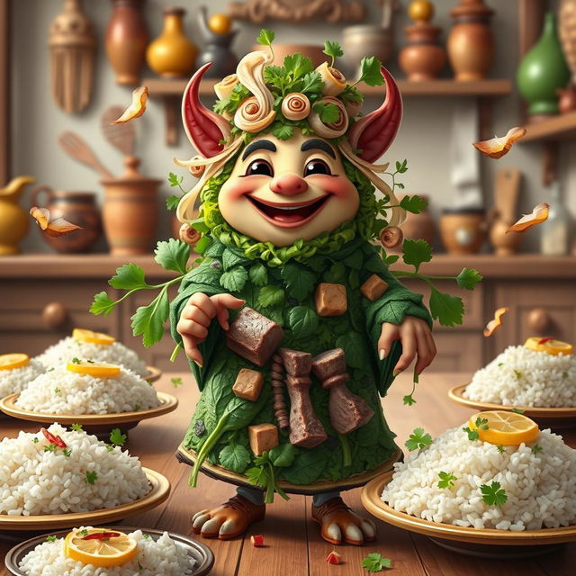 A whimsical creature that personifies the essence of Gormeh Sabzi, an Iranian herb stew