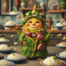 A whimsical creature that personifies the essence of Gormeh Sabzi, an Iranian herb stew