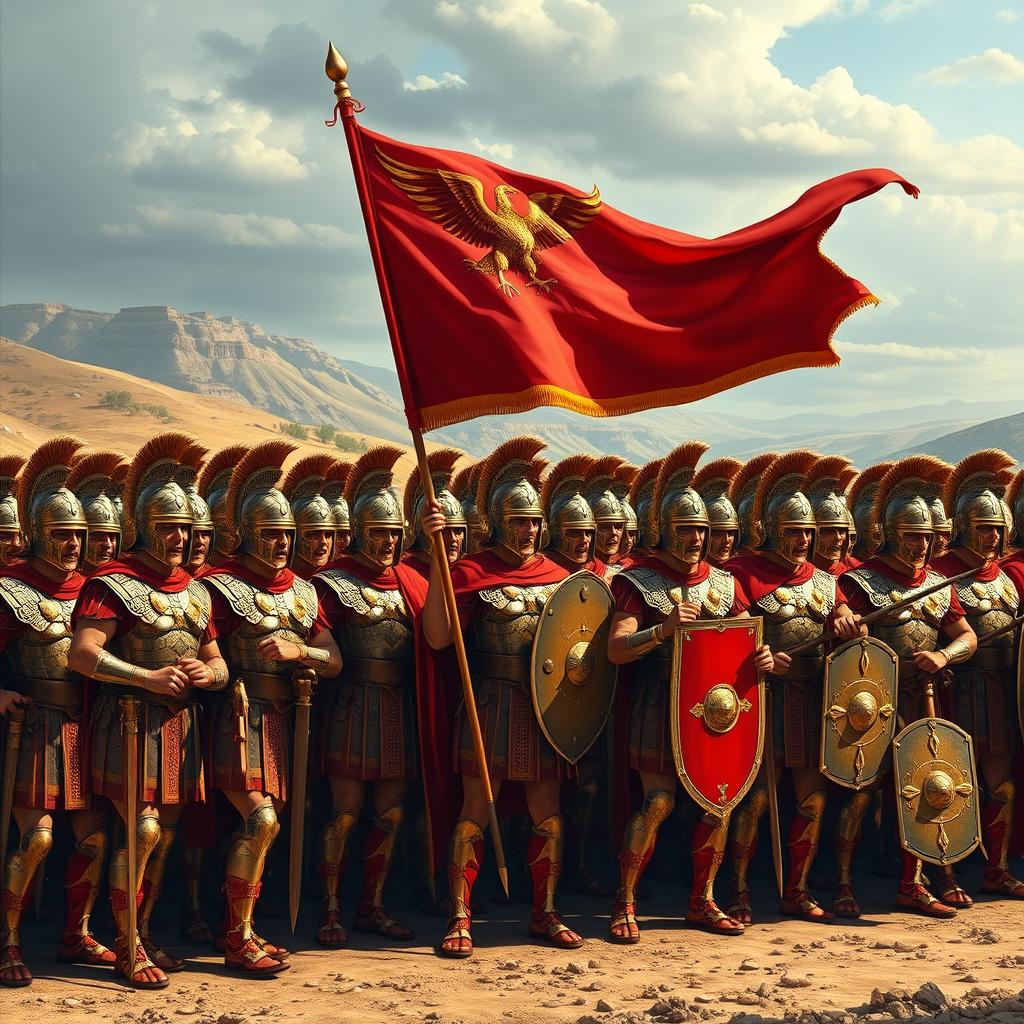 A powerful depiction of 10,000 Roman legionnaires holding the flag of Ancient Rome, standing in a disciplined formation