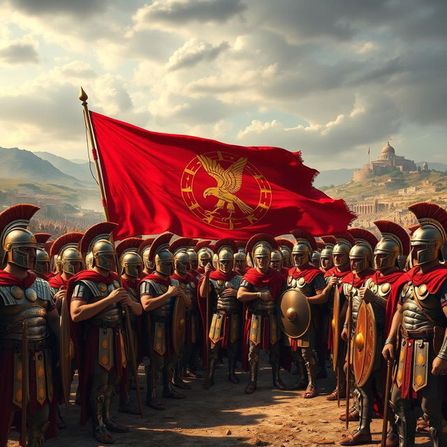 A powerful depiction of 10,000 Roman legionnaires holding the flag of Ancient Rome, standing in a disciplined formation