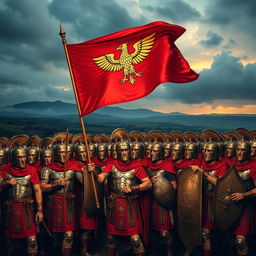 A powerful depiction of 10,000 Roman legionnaires holding the flag of Ancient Rome, standing in a disciplined formation