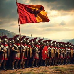 A powerful depiction of 10,000 Roman legionnaires holding the flag of Ancient Rome, standing in a disciplined formation