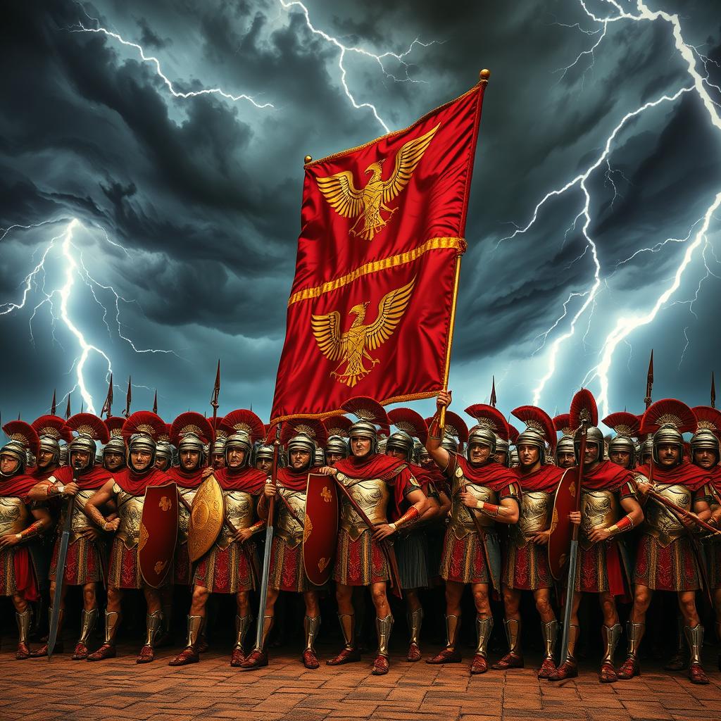 An impressive scene of 10,000 Roman legionnaires holding the banner of Ancient Rome, depicted in a beautiful and majestic manner amidst a stormy sky filled with lightning