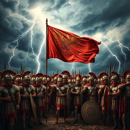 An impressive scene of 10,000 Roman legionnaires holding the banner of Ancient Rome, depicted in a beautiful and majestic manner amidst a stormy sky filled with lightning