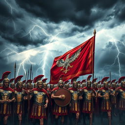An impressive scene of 10,000 Roman legionnaires holding the banner of Ancient Rome, depicted in a beautiful and majestic manner amidst a stormy sky filled with lightning