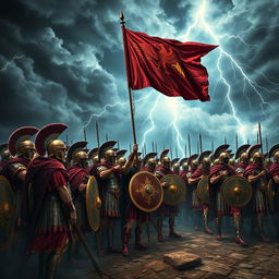 An impressive scene of 10,000 Roman legionnaires holding the banner of Ancient Rome, depicted in a beautiful and majestic manner amidst a stormy sky filled with lightning