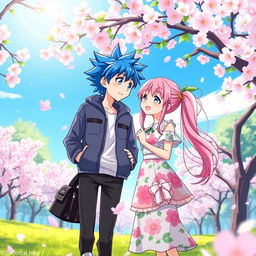 A vibrant and dynamic anime couple standing side by side in a lush cherry blossom park during spring