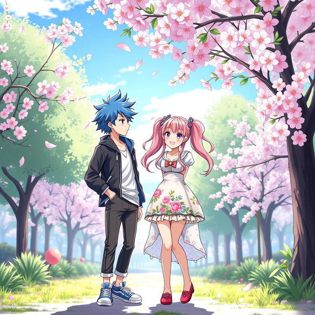 A vibrant and dynamic anime couple standing side by side in a lush cherry blossom park during spring