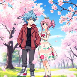 A vibrant and dynamic anime couple standing side by side in a lush cherry blossom park during spring