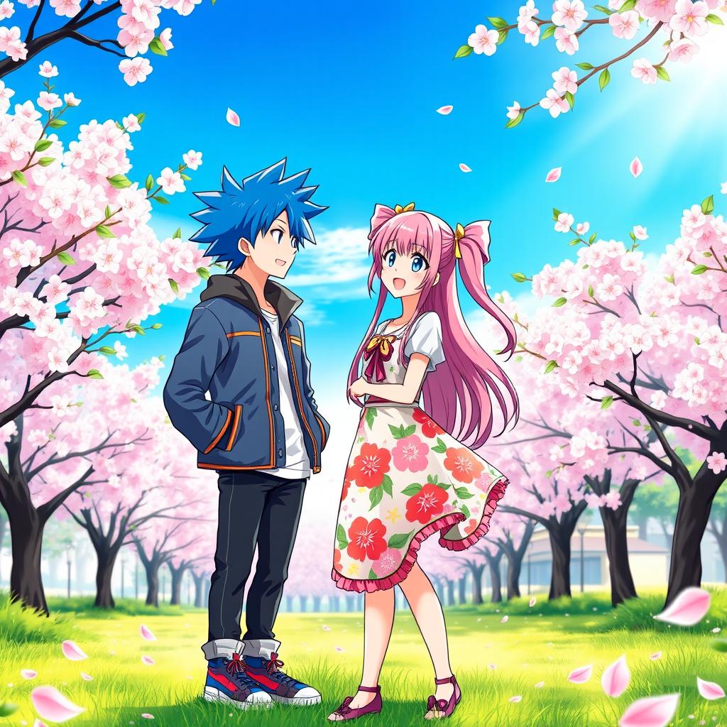 A vibrant and dynamic anime couple standing side by side in a lush cherry blossom park during spring