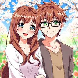 A couple of anime characters, both with brown hair