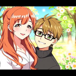 A couple of anime characters, both with brown hair