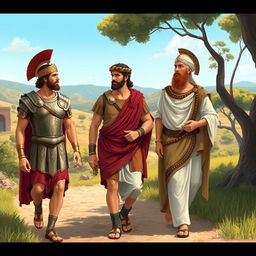 A serene scene of Alexander the Great walking side by side with Seleucus, set in a lush historical landscape