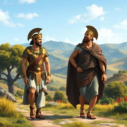 A serene scene of Alexander the Great walking side by side with Seleucus, set in a lush historical landscape