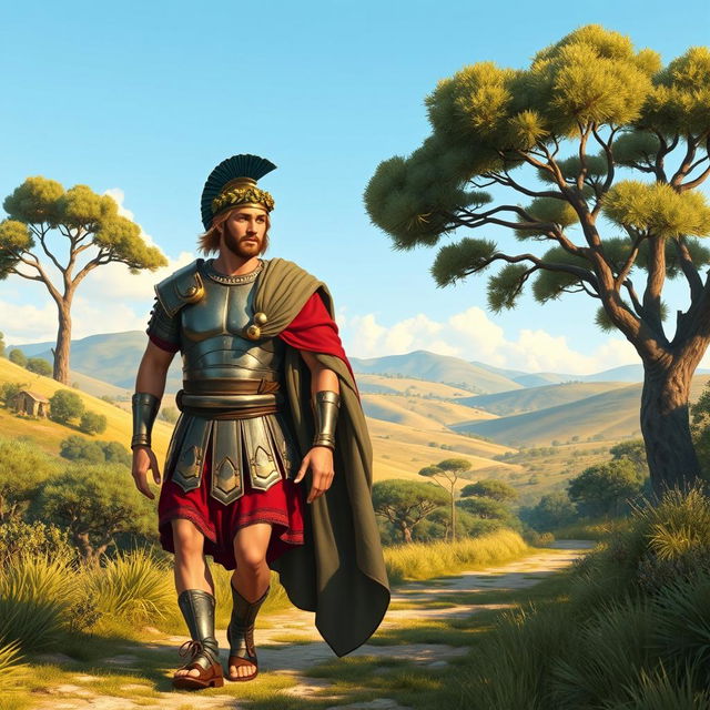 A serene scene of Alexander the Great walking side by side with Seleucus, set in a lush historical landscape