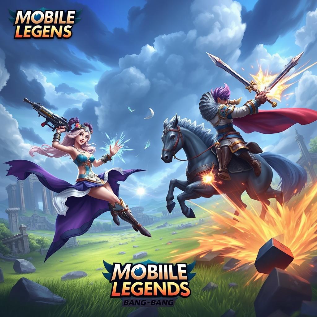 An epic battle scene from Mobile Legends: Bang Bang featuring iconic heroes like Layla, with her signature gun, and the warrior Leomord wielding his sword on horseback