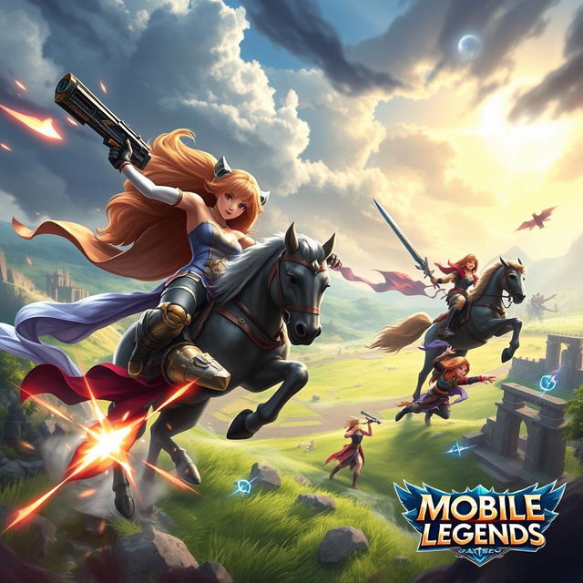 An epic battle scene from Mobile Legends: Bang Bang featuring iconic heroes like Layla, with her signature gun, and the warrior Leomord wielding his sword on horseback