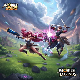 An epic battle scene from Mobile Legends: Bang Bang featuring iconic heroes like Layla, with her signature gun, and the warrior Leomord wielding his sword on horseback