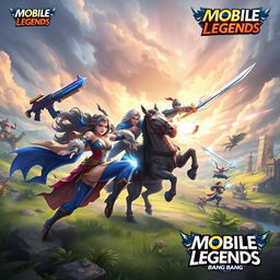 An epic battle scene from Mobile Legends: Bang Bang featuring iconic heroes like Layla, with her signature gun, and the warrior Leomord wielding his sword on horseback
