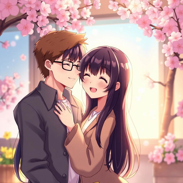 A vibrant anime scene featuring a loving couple