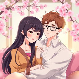 A vibrant anime scene featuring a loving couple