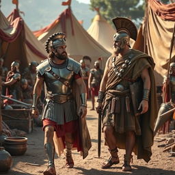 A realistic and majestic depiction of Alexander the Great walking alongside Seleucus in a beautifully detailed ancient military camp