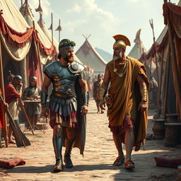 A realistic and majestic depiction of Alexander the Great walking alongside Seleucus in a beautifully detailed ancient military camp