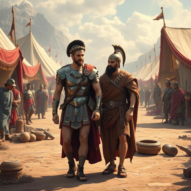 A realistic and majestic depiction of Alexander the Great walking alongside Seleucus in a beautifully detailed ancient military camp