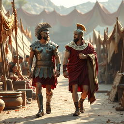 A realistic and majestic depiction of Alexander the Great walking alongside Seleucus in a beautifully detailed ancient military camp