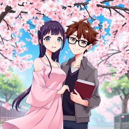 A vibrant anime couple in a picturesque setting