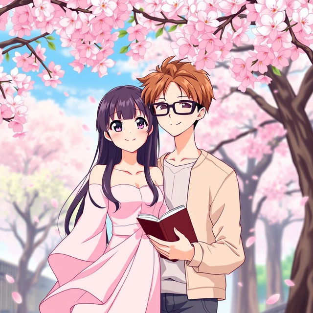 A vibrant anime couple in a picturesque setting