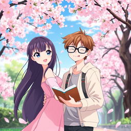 A vibrant anime couple in a picturesque setting