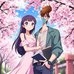 A vibrant anime couple in a picturesque setting